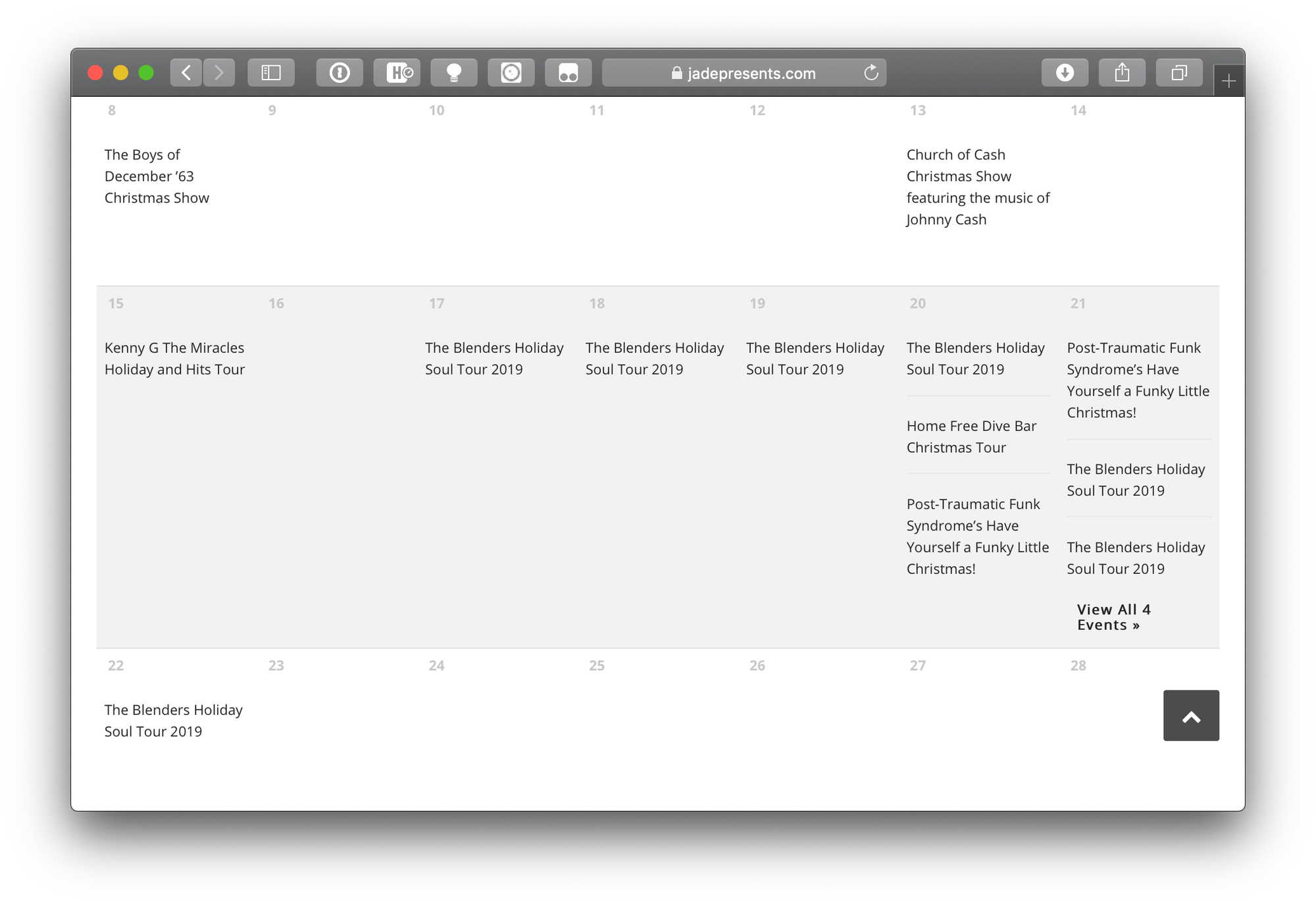 The month view of Jade's online calendar where one day contains three events with a link to view more events.
