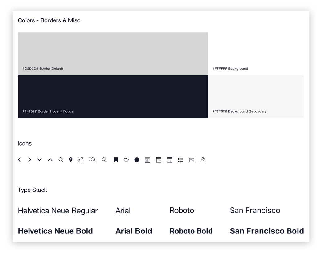 Style guide for the updated designs showing color, icon and font examples.
