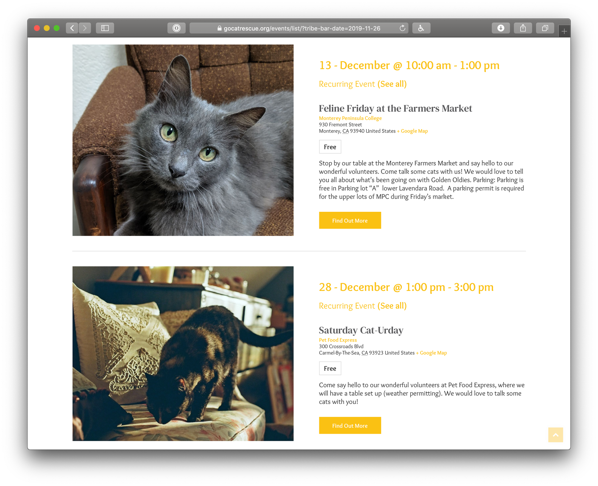 Showing the Golden Oldies calendar which defaults to List View. There are two events in the view.
