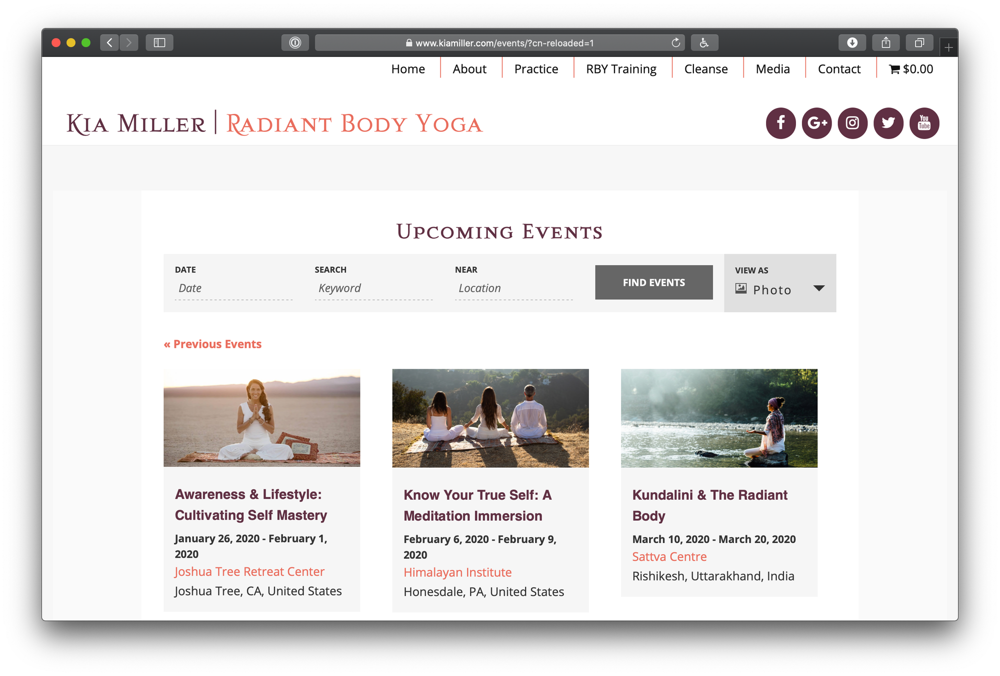 The landing page of the calendar, showing upcoming events in a masonry-type layout where each event is a card with an image and summary of the event.