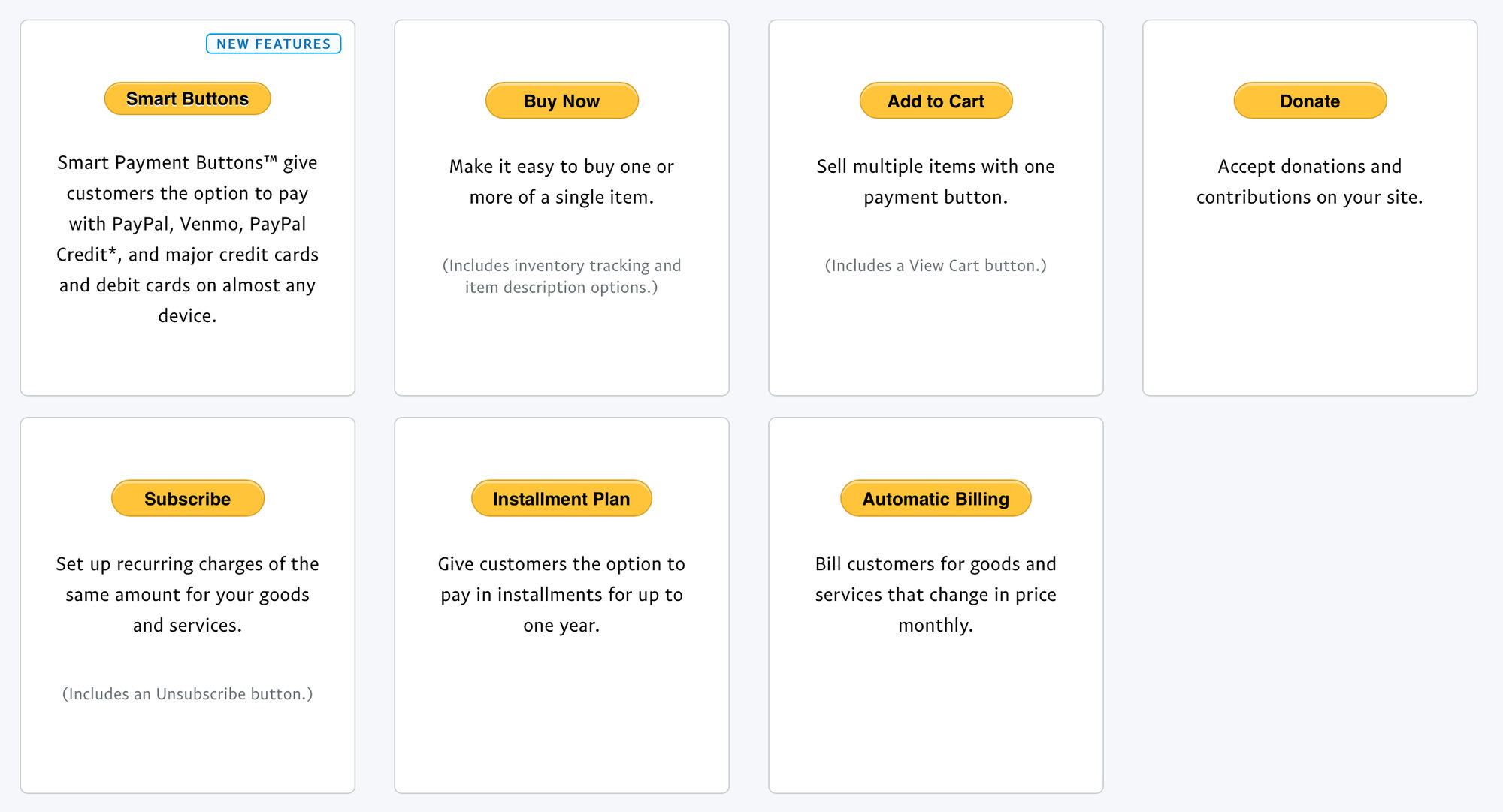 Showing seven different types of buttons that are available to configure in PayPal, including buy now, subscriptions, donations and others.