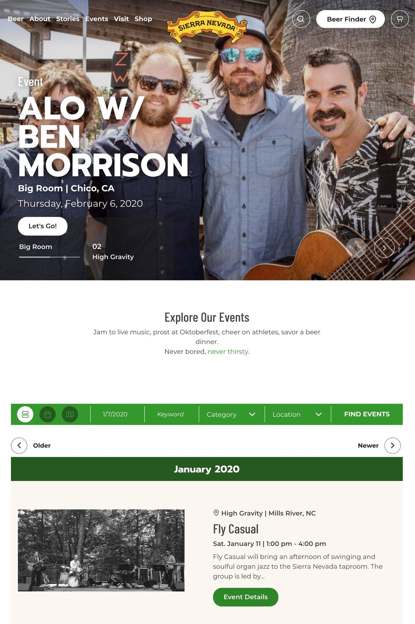 Screenshot of the main calendar page of the Sierra Nevada website.