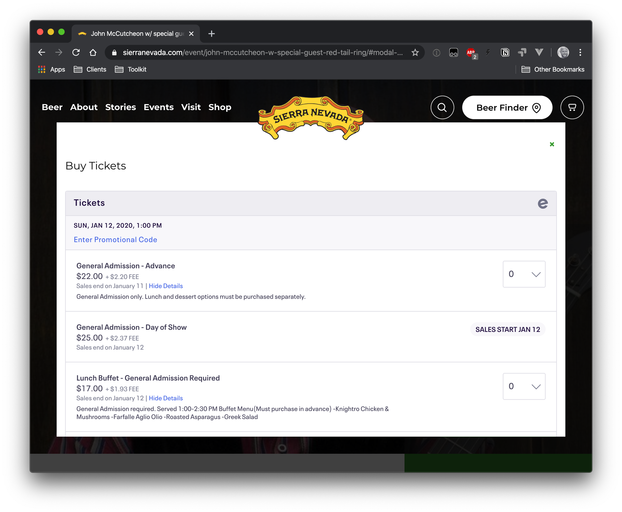 The pop-up that displays on a Sierra Nevada event when clicking on the tickets button.
