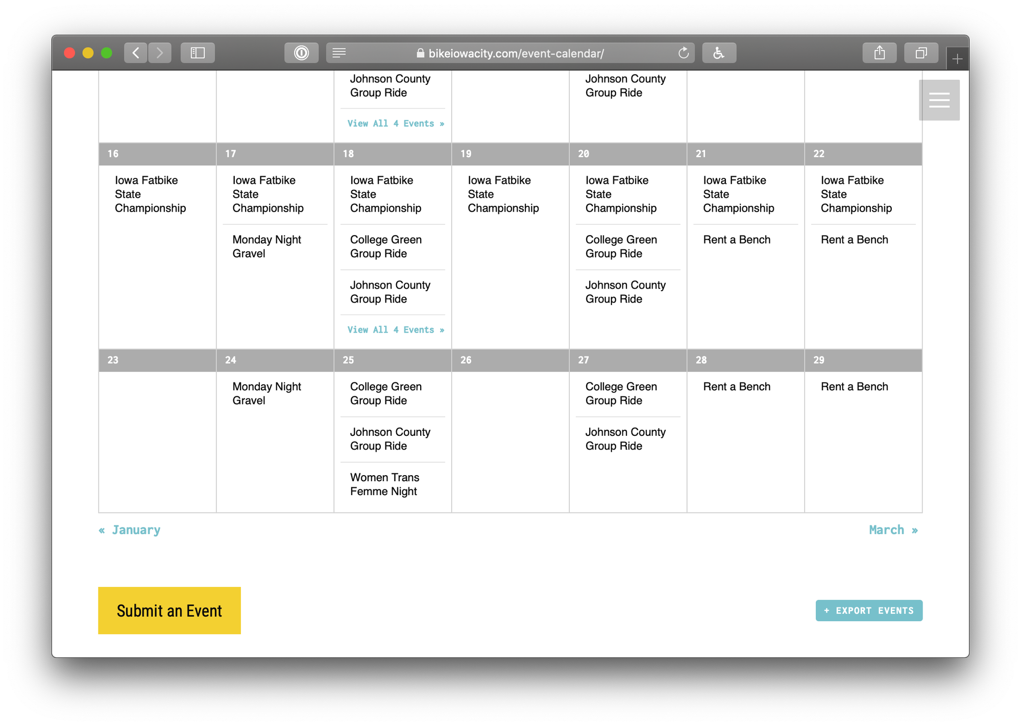 Showing the bottom of Bike Iowa's calendar which has a large yellow button to submit an event.