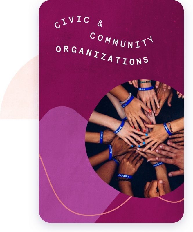 The words Civic and Community Organizations against a pink and magenta background.