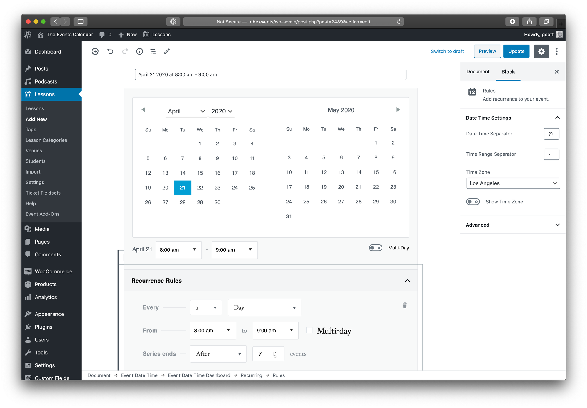 Screenshot of the WordPress event editor showing the controls for creating a recurring event.