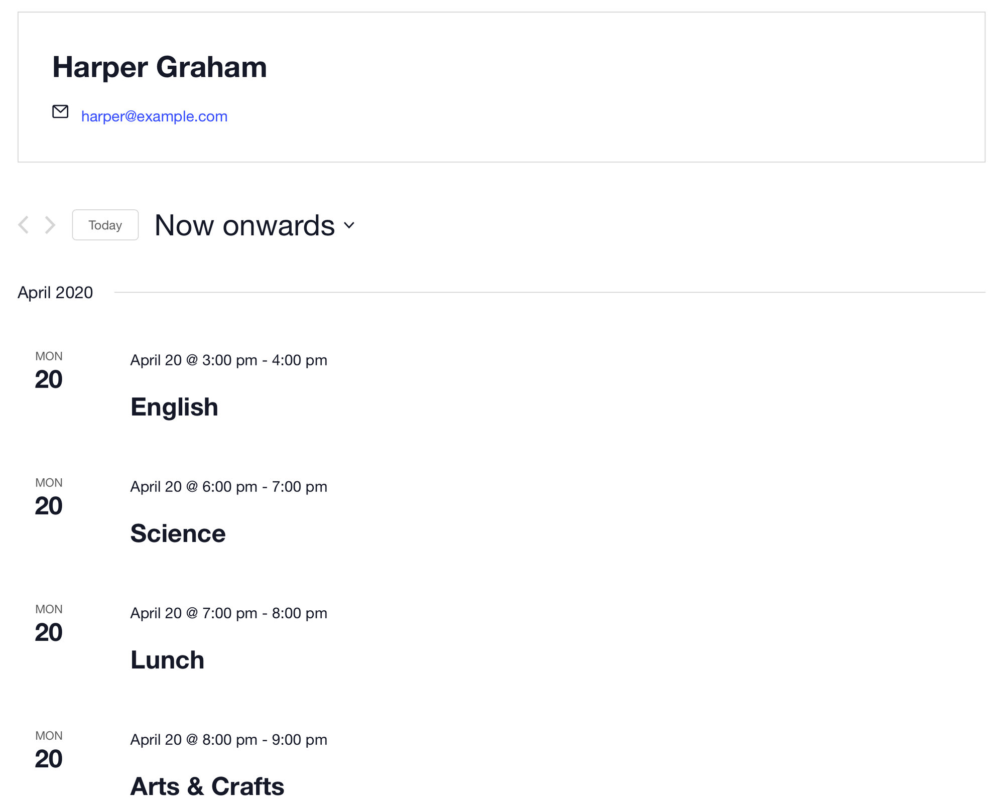 Screenshot of the organizer page the plugin set up for my daughter showing all of her upcoming lessons in a list.