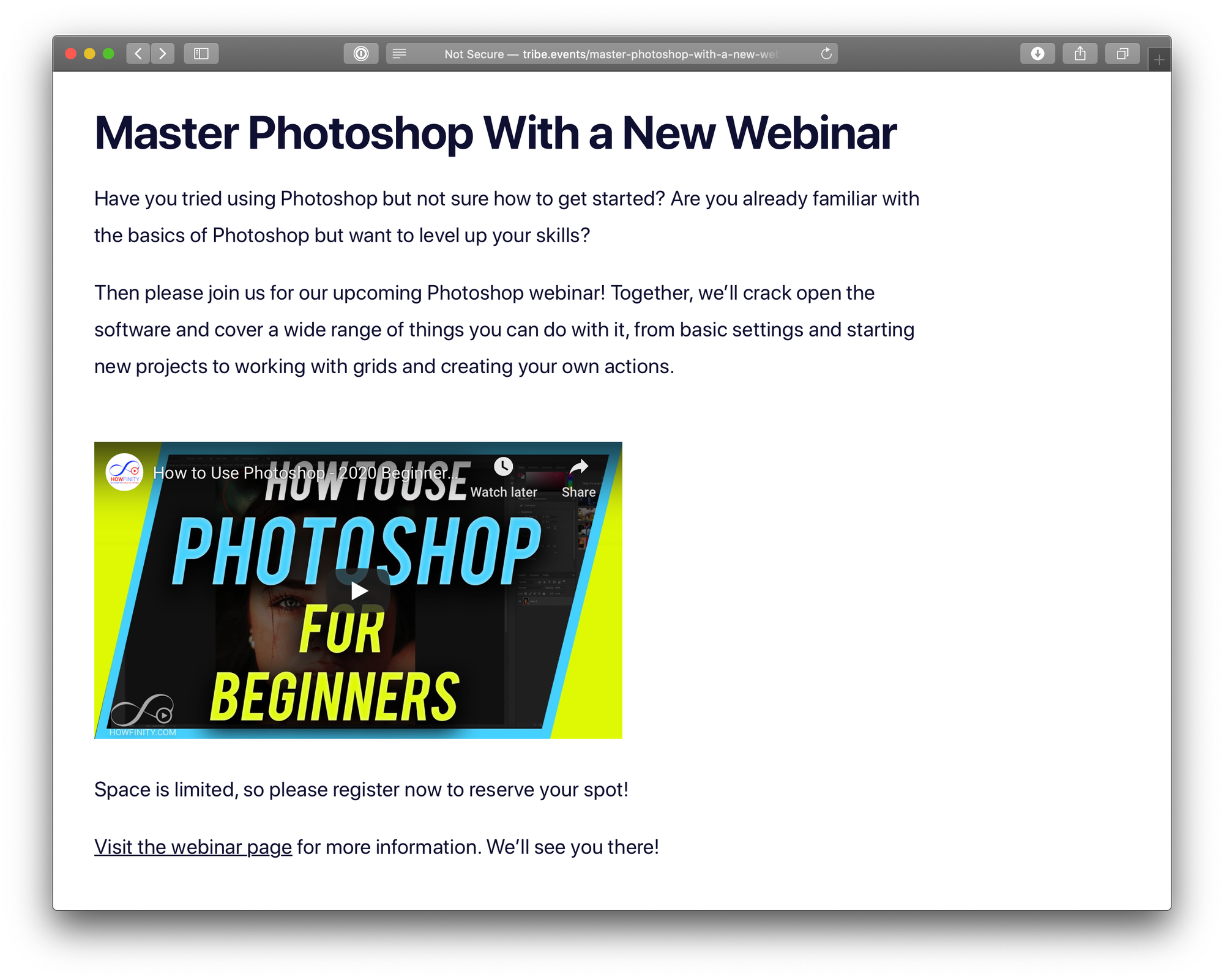 Screenshot. Showing the embedded video on a page when logged in and registered for the event.