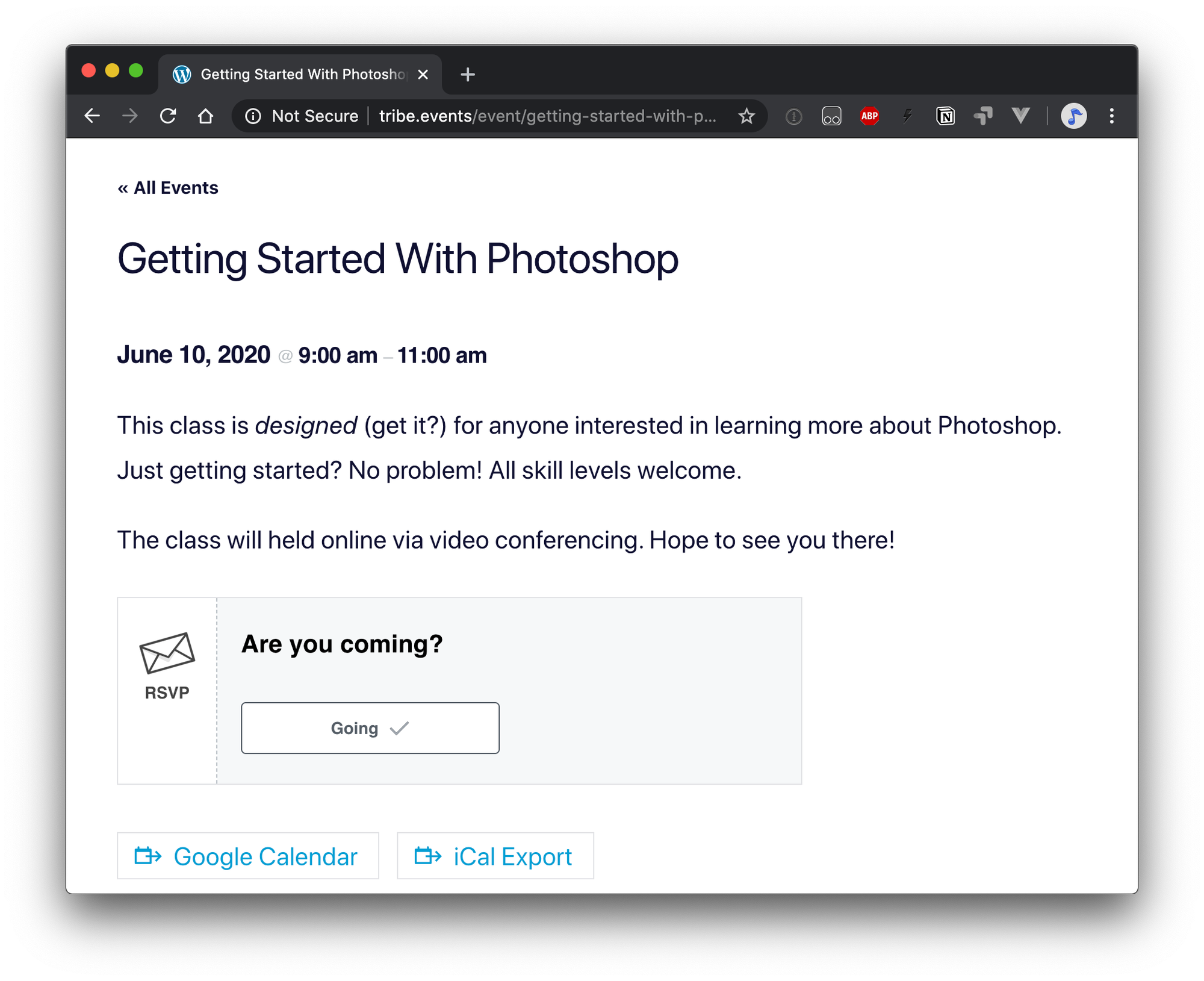Screenshot. An event page created with The Events Calendar plugin displaying an RSVP form for the event.