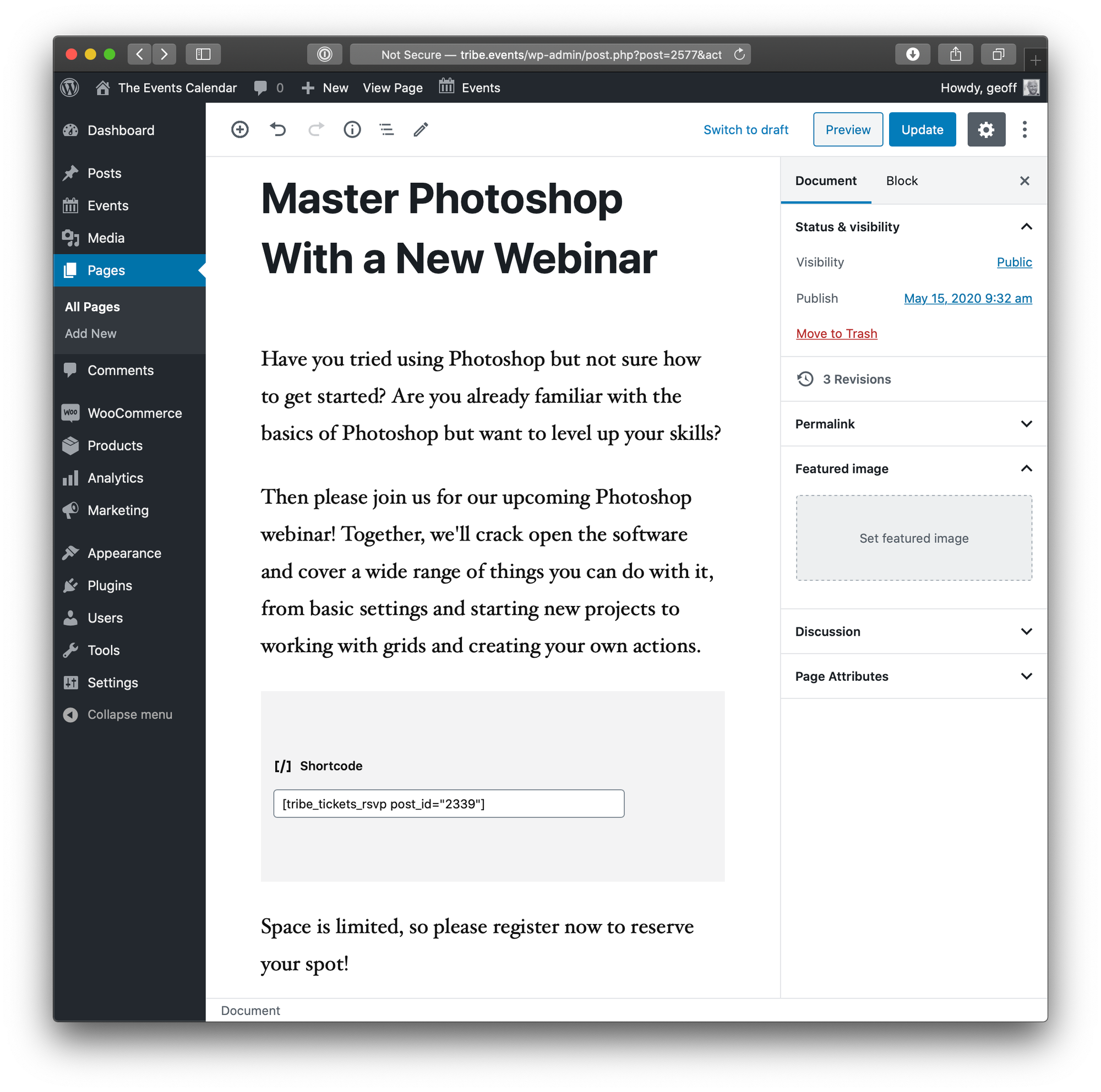 Screenshot. Showing the WordPress page editor with a shortcode block containing the shortcode to embed the RSVP form for the event on the page.