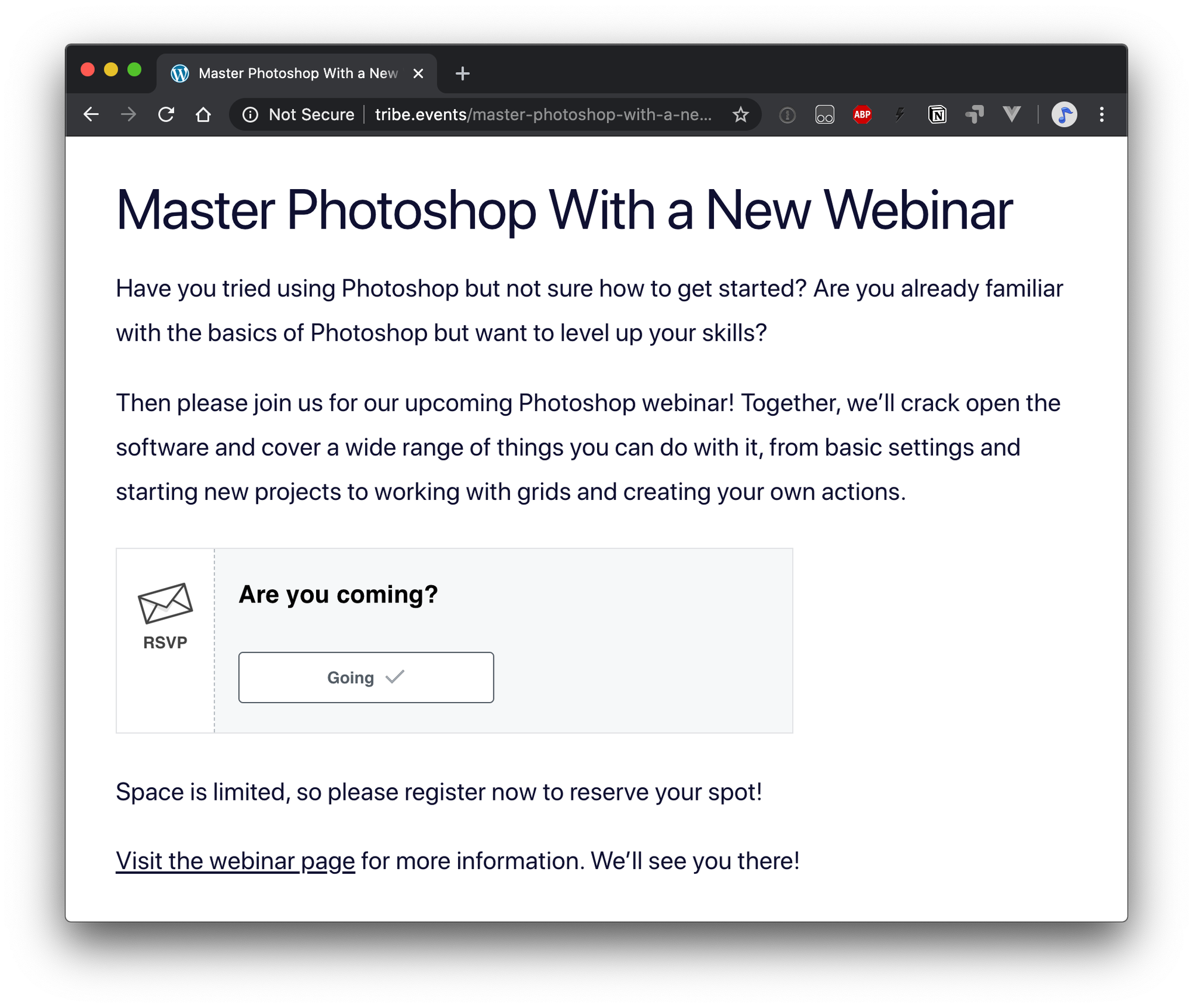 Screenshot. The published page showing the RSVP registration form on it.