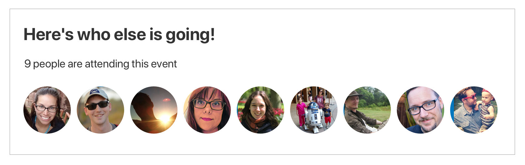 Screenshot. Showing photos of people who have registered for the event in a single row.