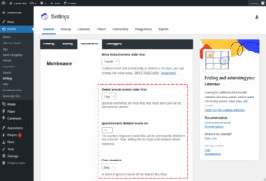 Maintenance settings added by the Event Aggregator Additional Options extension.