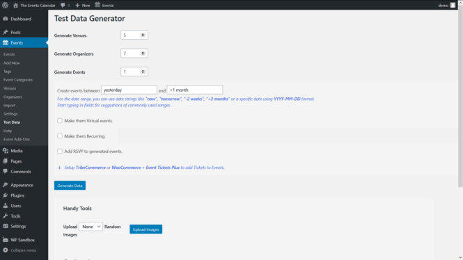 Screenshot of the WP admin view of the Test Data Generator extension version 1.0.3