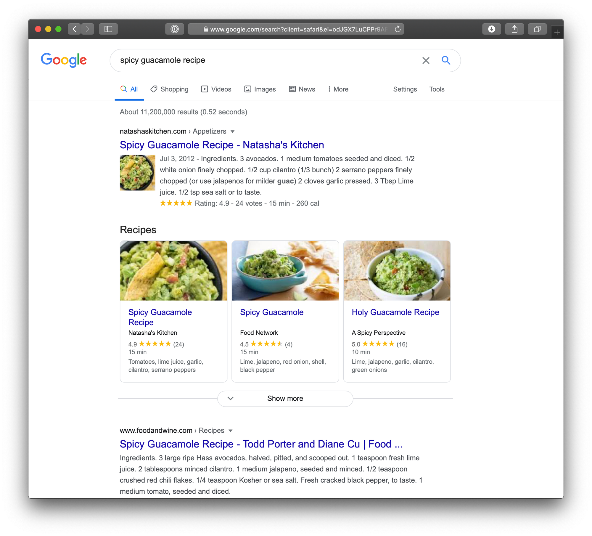 Showing search results for spicy guacamole recipes where a row of three recipes from different sites is at the top of the list.