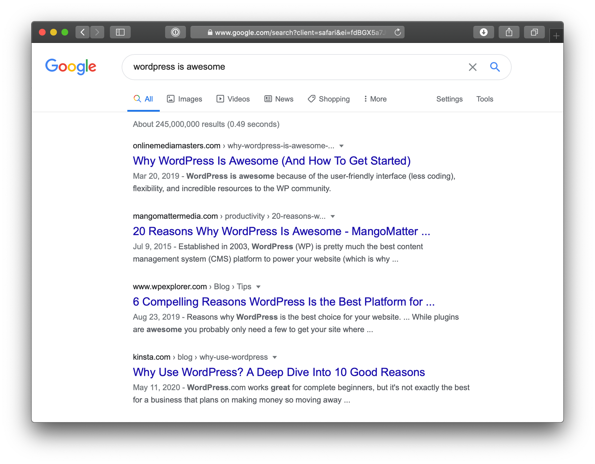 A standard search results page for why WordPress is awesome.