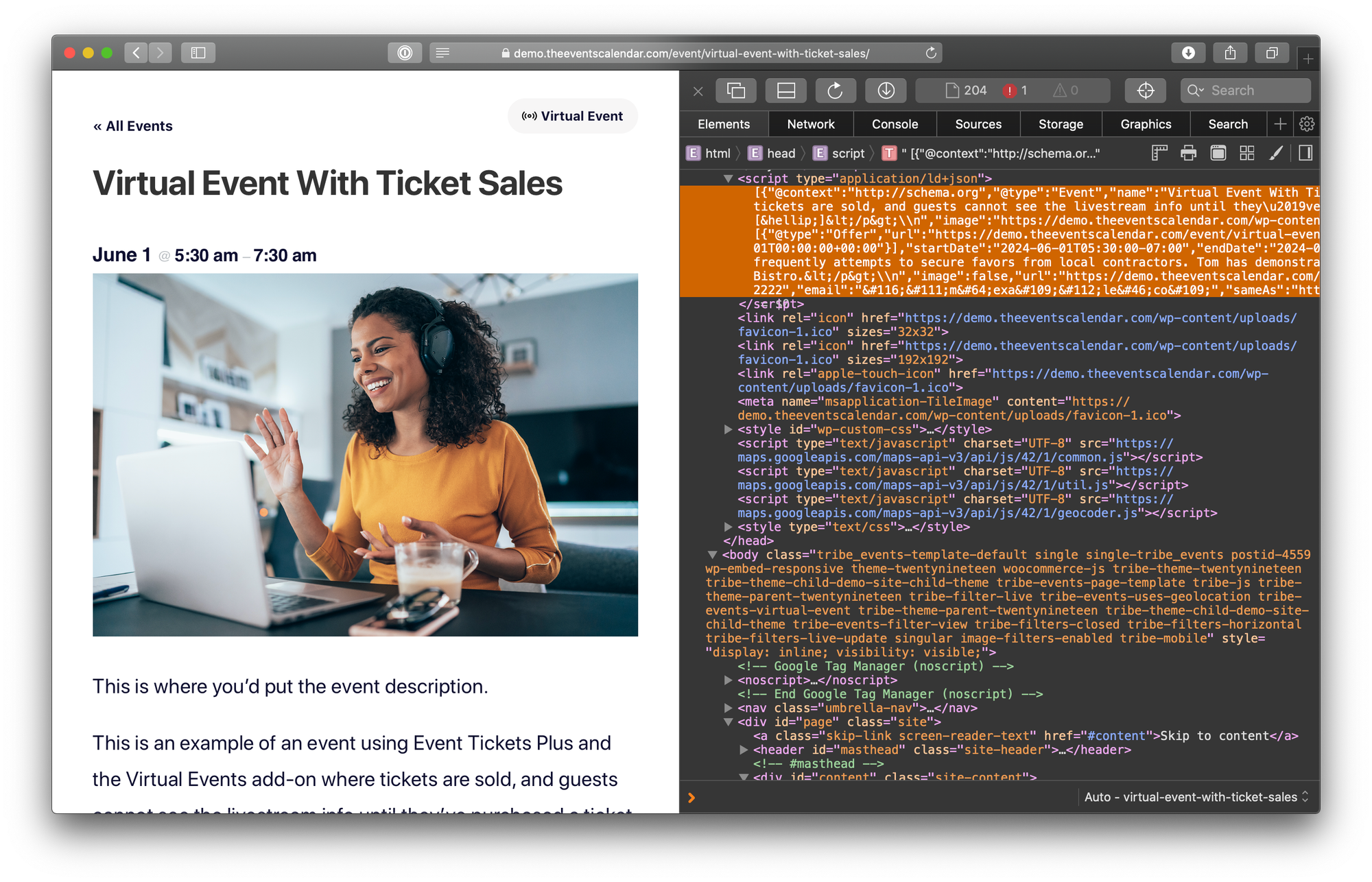 Showing a browser window with DevTools open where the event is shown on the left and the JSON-LD code is highlighted in orange on the right.