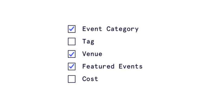 Illustration of event post options in a checklist that includes category, tag, venue, featured events, and cost.