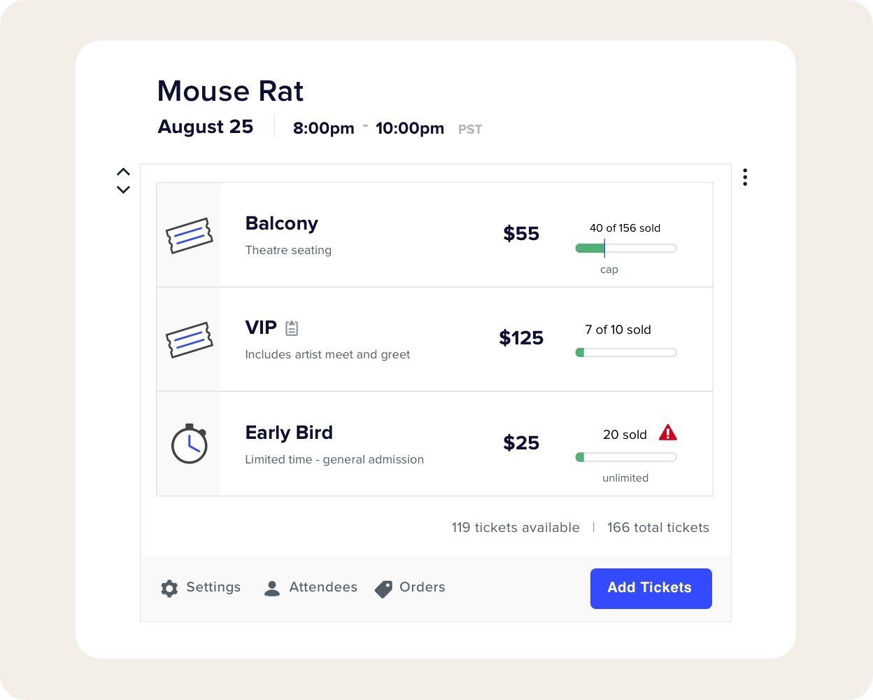 Examples of event ticket types created with Event Tickets Plus