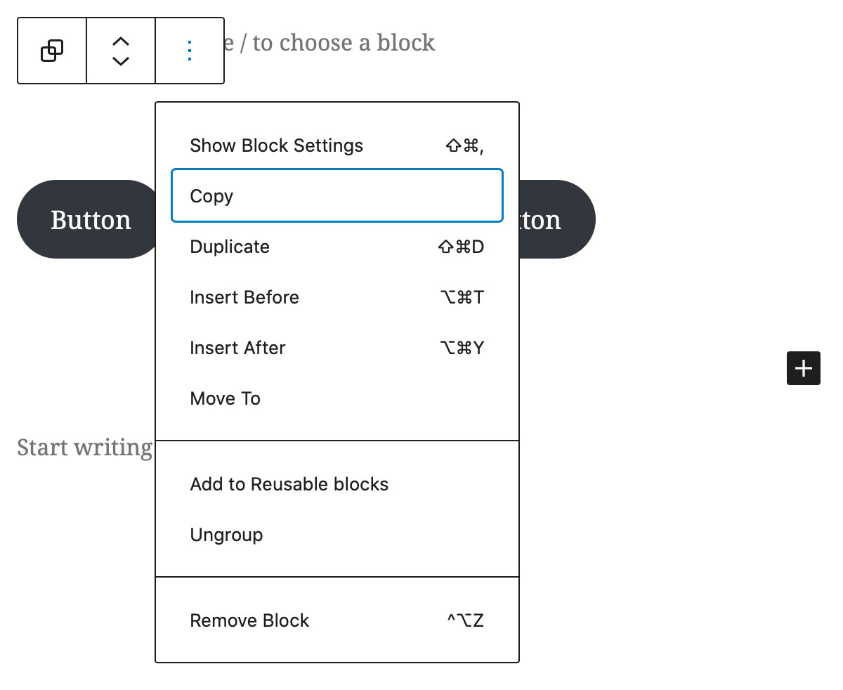 Showing a selected group containing two black buttons with the options menu expanded over the group content with the copy option selected.