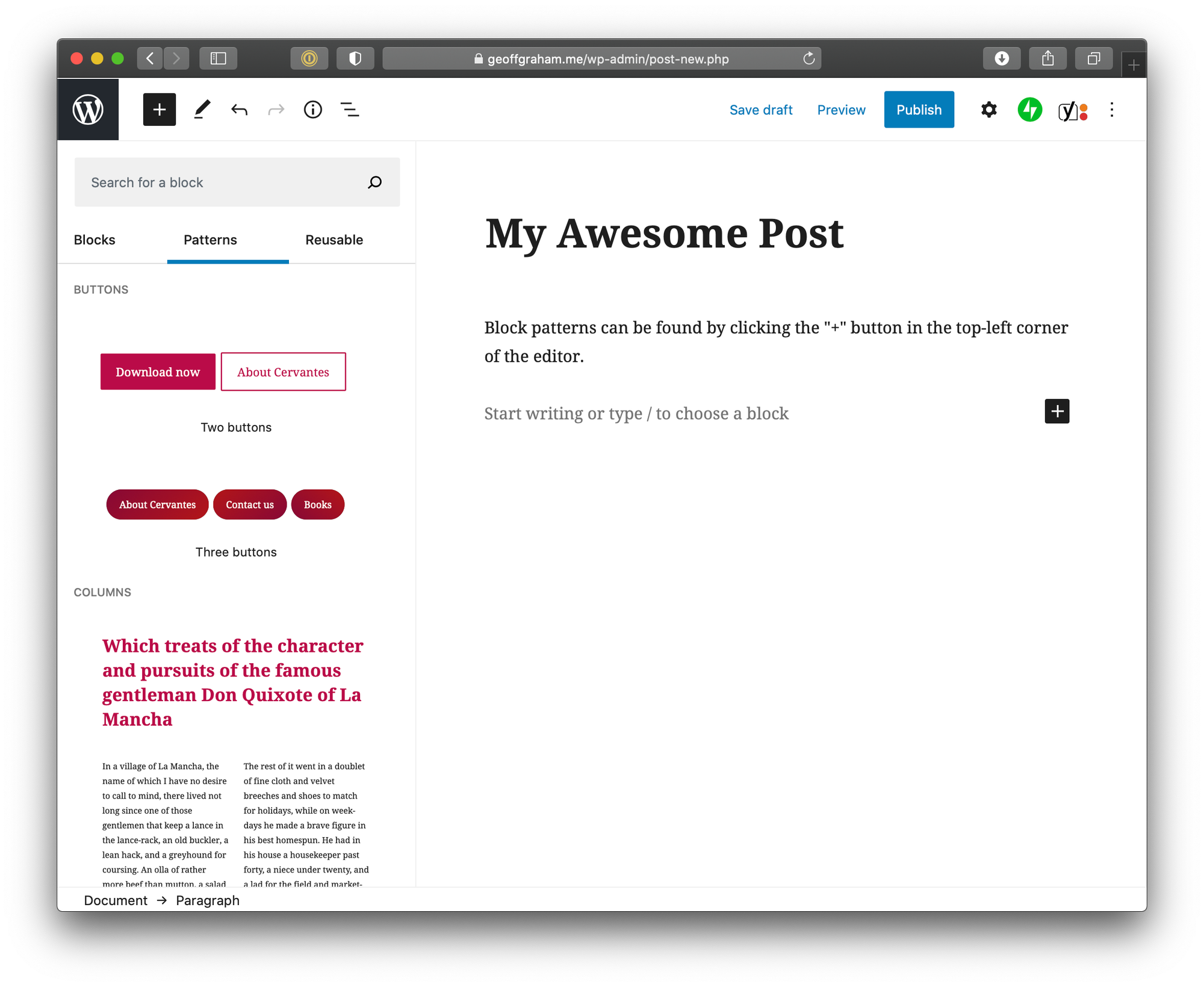 The block menu opened as a sidebar to the left of the content editor with the Patterns tab active. There's a gray search box above the patterns menu. Below the menu are previews of the first couple of patterns, including two buttons, three buttons, and columns.