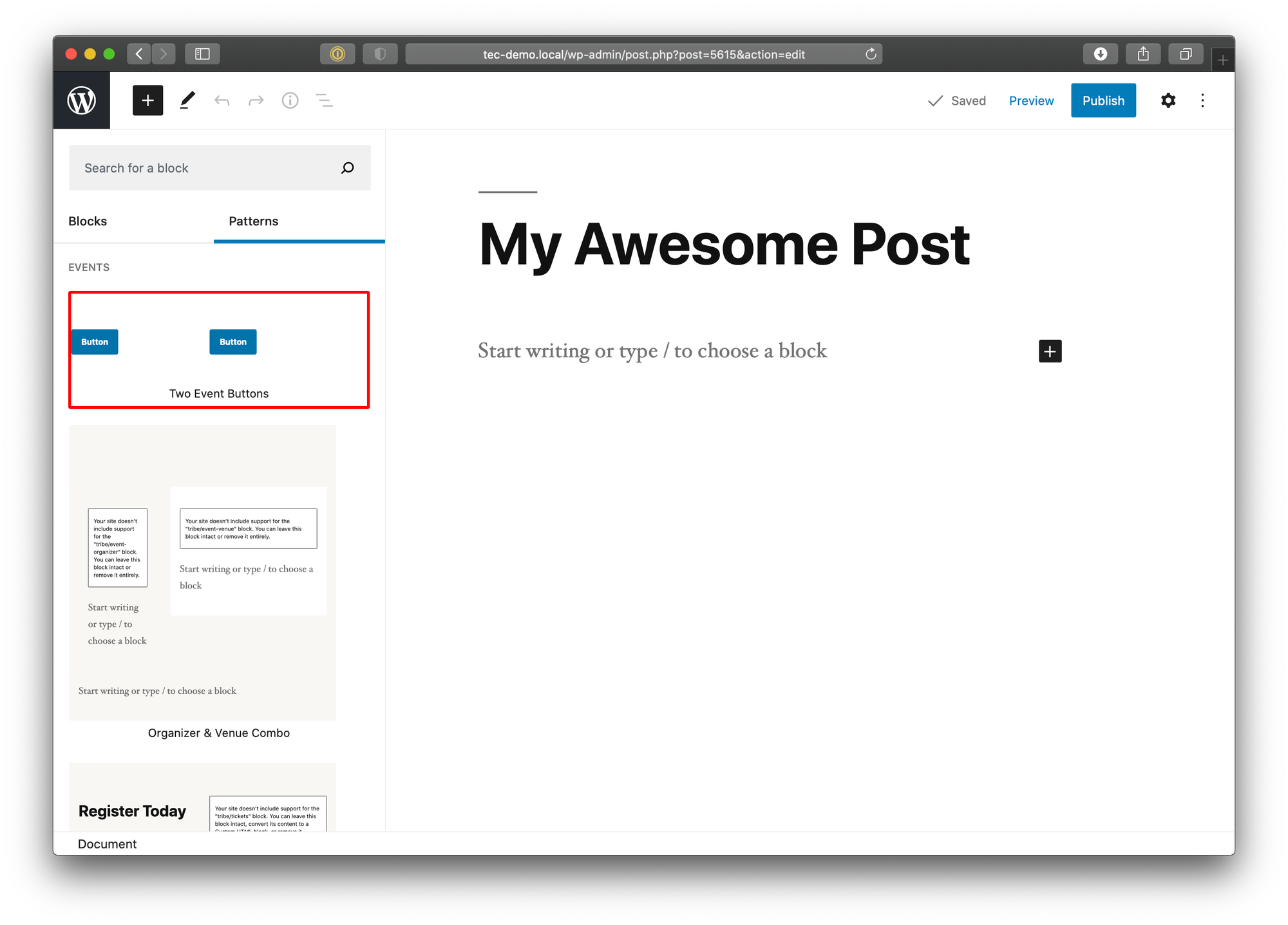 Showing the Two Buttons example pattern in the block inserter which is open to the left of the post content.