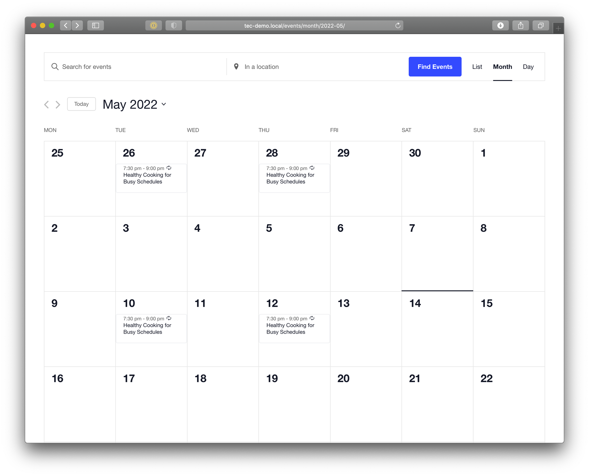 The Events Calendar month view as seen with the Kadence theme activated. There is no header, just the full calendar month view against a white background.
