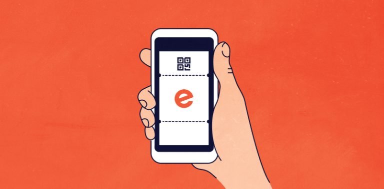 Illustration of a hand holding a phone with the Eventbrite logo on the screen, against a dark orange background.