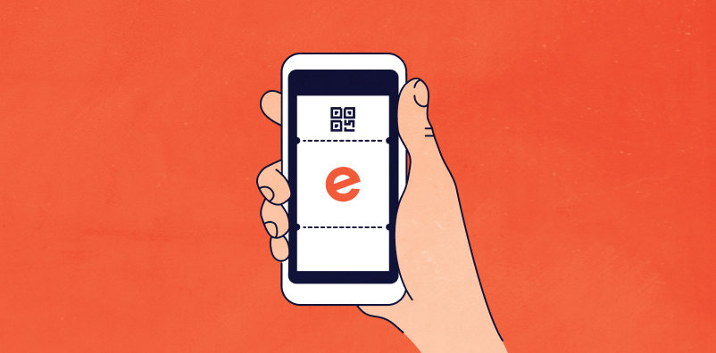 Illustration of a hand holding a phone with the Eventbrite logo on the screen, against a dark orange background.