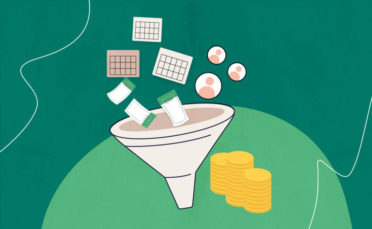 tickets, calendars, and people going into a funnel with coins