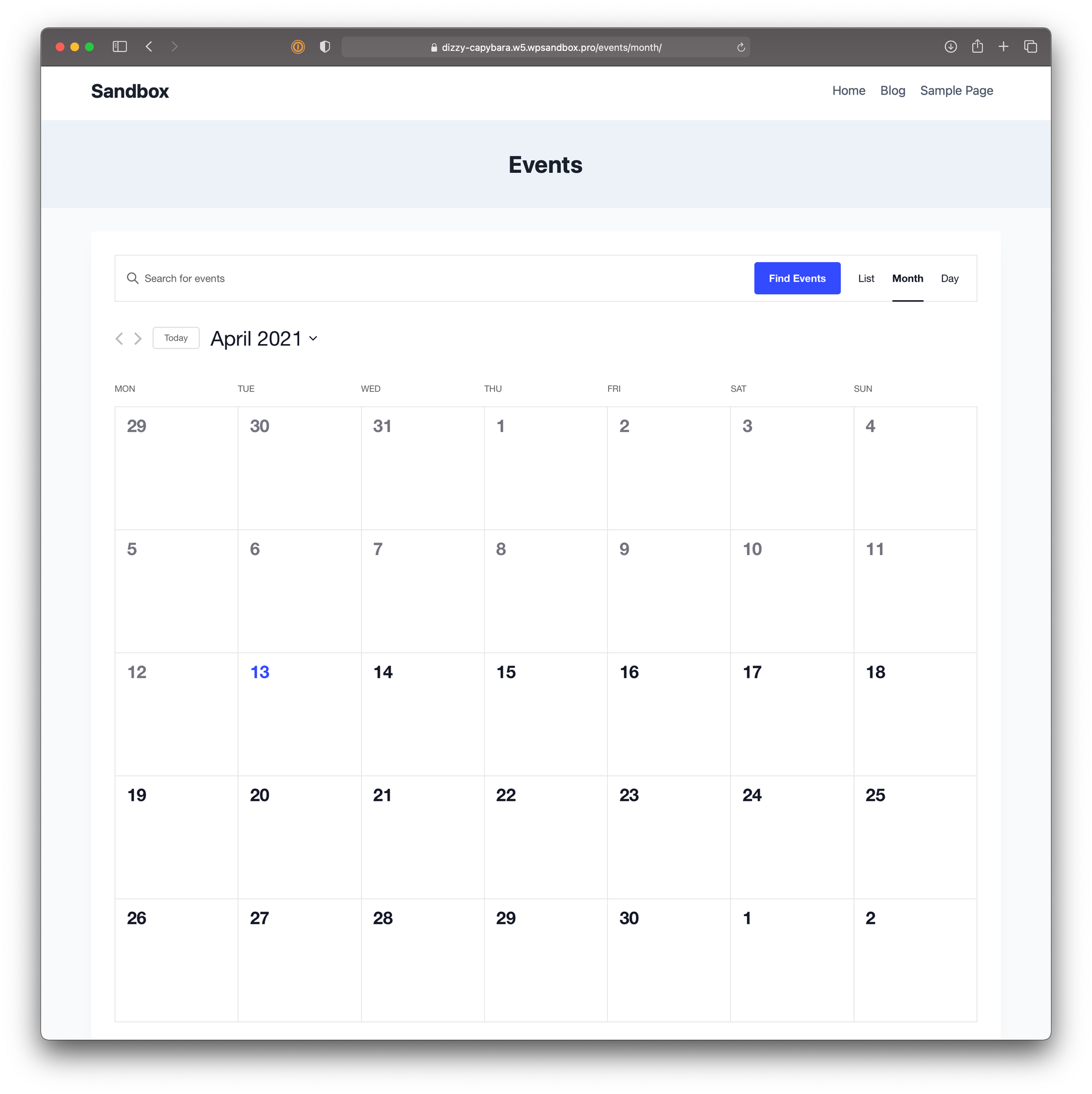 The default month view as viewed with the Kadence theme activated. The header has a simple horizontal  navigation to the left followed by a light blue container with the word Events as the page title. Below that is the calendar view for April 2021 against a white background.