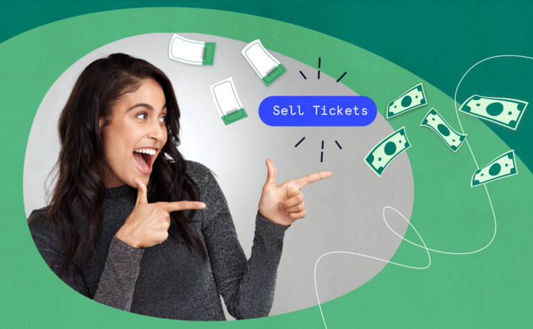 Woman pointing with both hands to her left, towards ticket and dollar icons