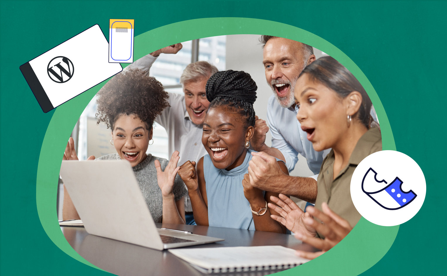 group of people celebrating around a computer