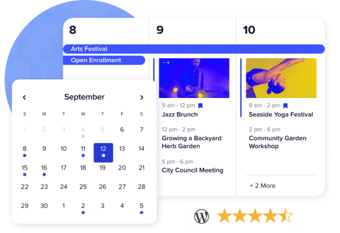 A screenshot of two calendars, one a mini month view and the other a weekly view above a five-star rating.