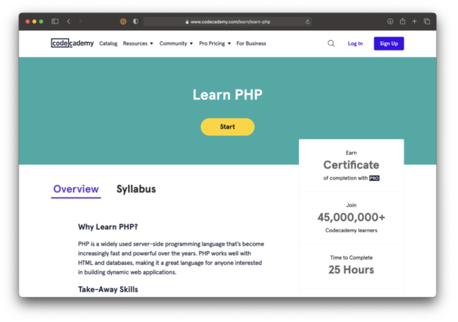 Code academy landing page for their PHP course.