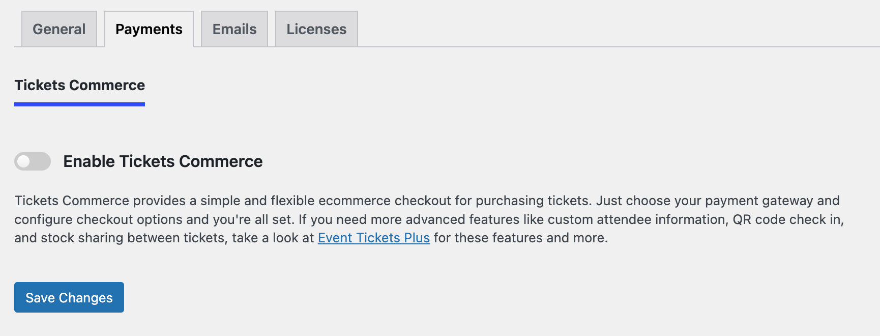 tickets commerce settings page