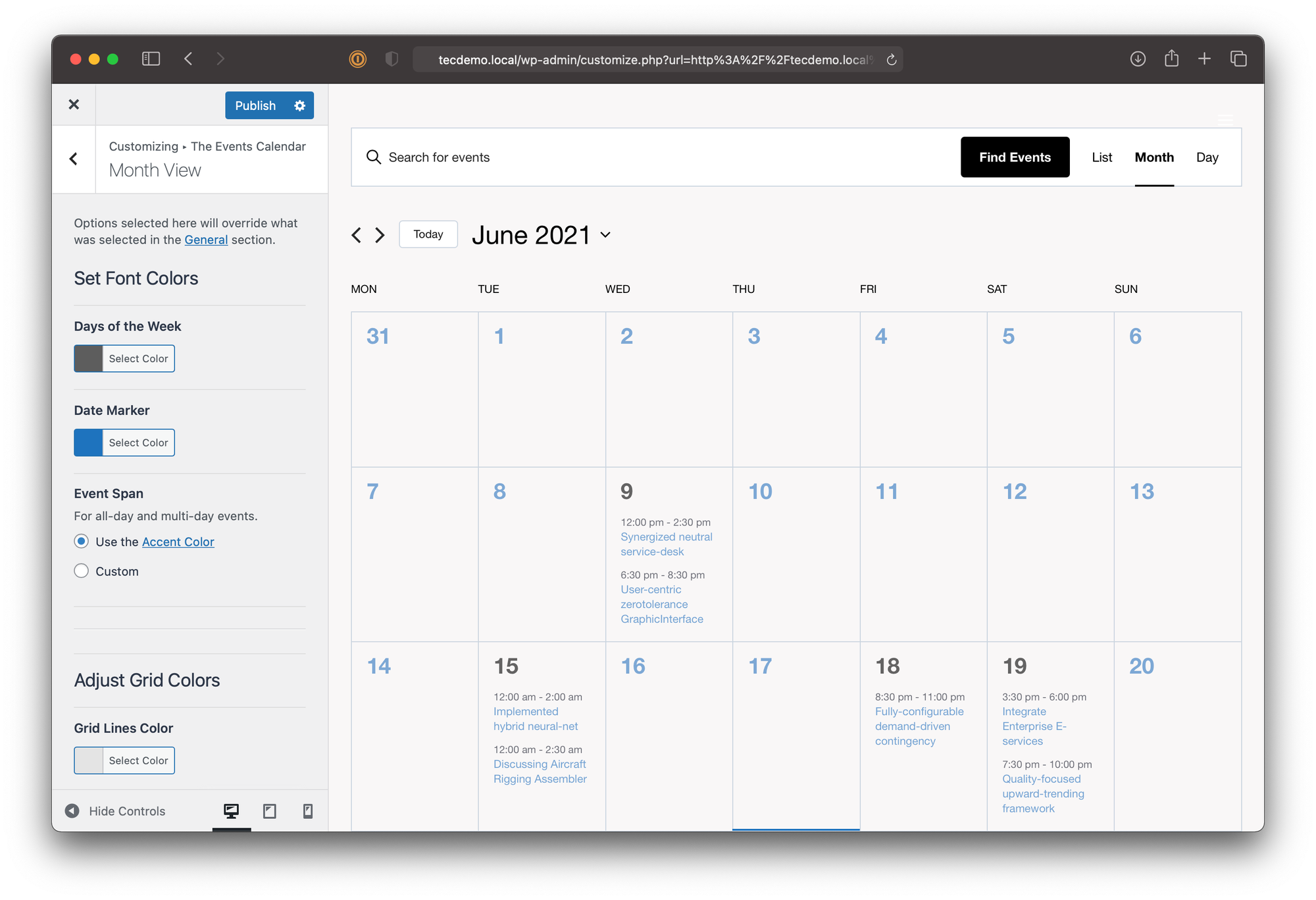 Screenshot of the calendar month view for June 2021. The calendar is on the right of the screen with the WordPress Customizer open to the left of it. The Customizer settings for font colors and month view grid line colors are displayed.