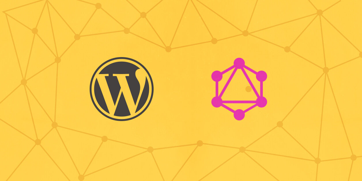 A yellow background with a monochrome Wordpress logo next to a magenta hexagon containing a triangle inside