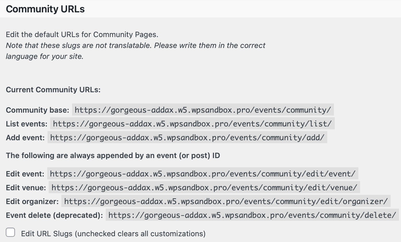 Community Events Community URLs Settings