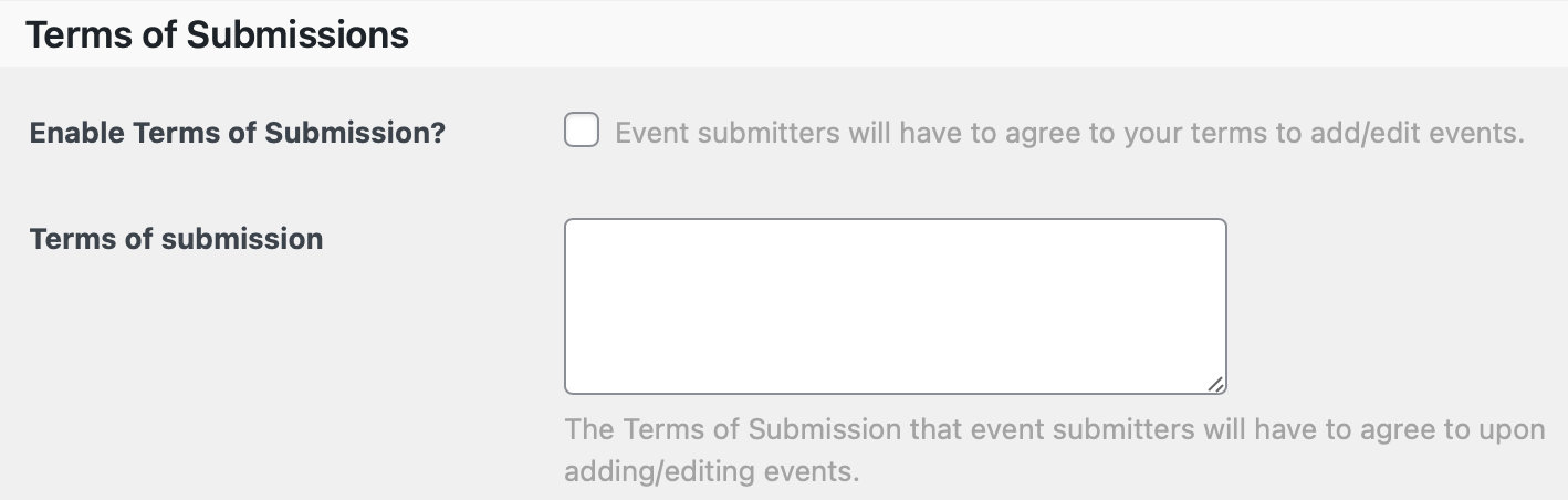 Community Events Terms of Submissions Settings