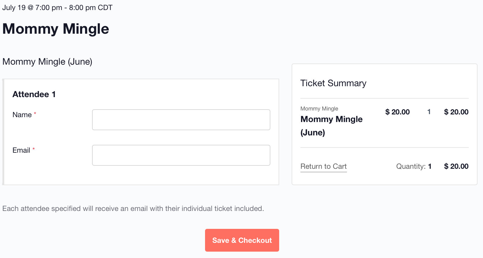 The Babypalooza checkout with a registration form for the attendee to complete, including name and email address. A ticket summary including the ticket cost is in a sidebar on the right.