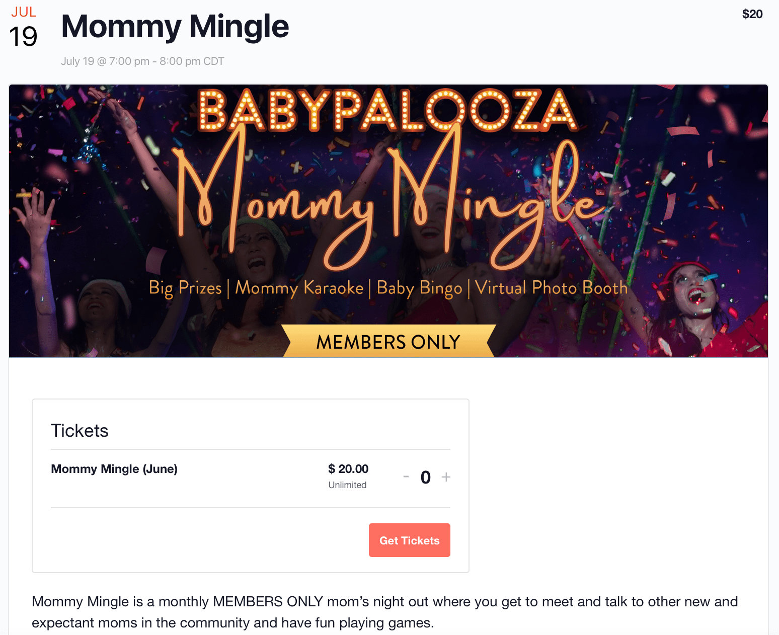 Th event page. There is a large header that says mommy mingle on it. There is a tickets form below that with a single ticket available for 20 dollars. There is an orange button to purchase the ticket.