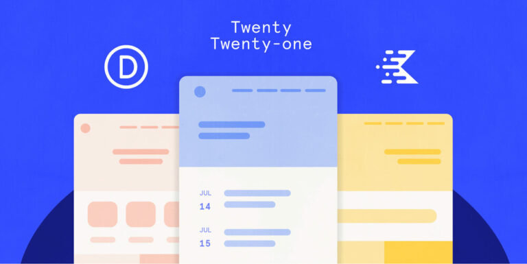 An illustration of 3 mobile phone calendar each with a logo above. Divi, Twenty Twenty One, and Kadence respectively