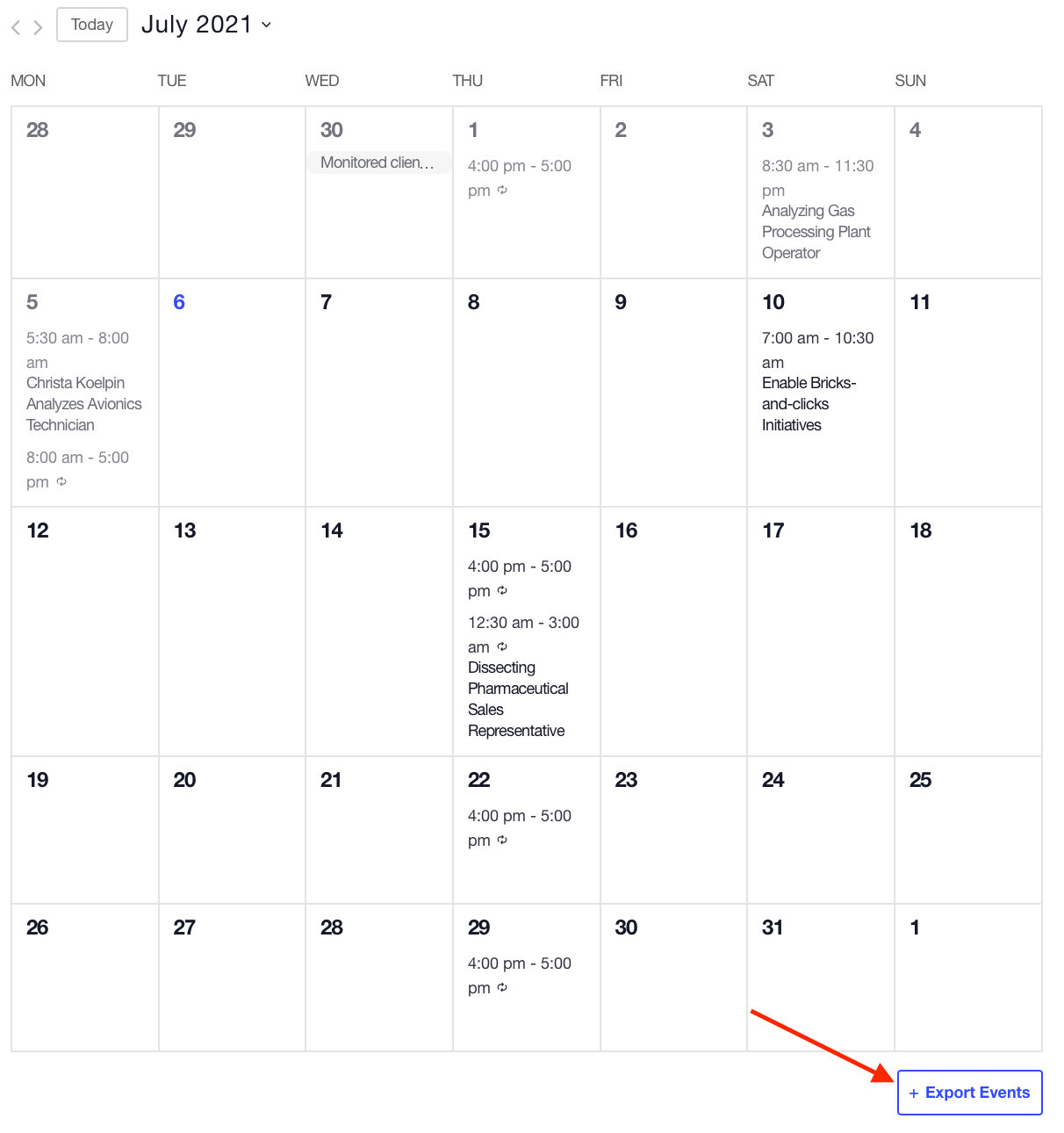 Remove export events link from events page