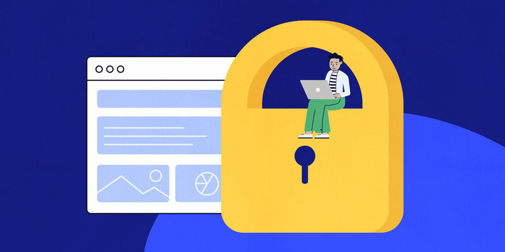 An illustration showing a webpage behind a giant yellow lock . A person sitting on the lock with an open laptop