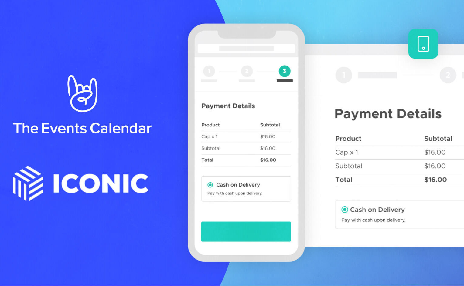 The Events Calendar and IconicWP logo. A screenshot of a simplified neat mobile and desktop checkout