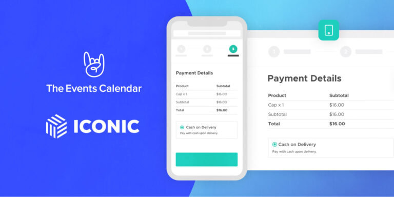 The Events Calendar and IconicWP logo. A screenshot of a simplified neat mobile and desktop checkout