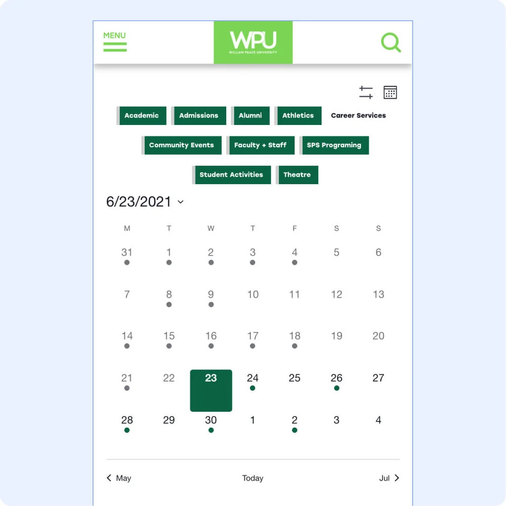Higher Education site adds a calendar in month view