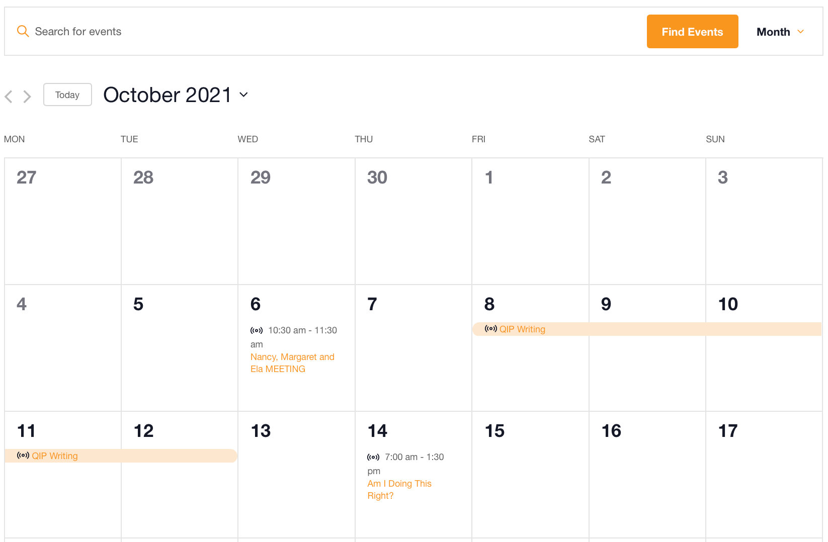 Month View calendar displaying multi-day online classes available with The Events Calendar.