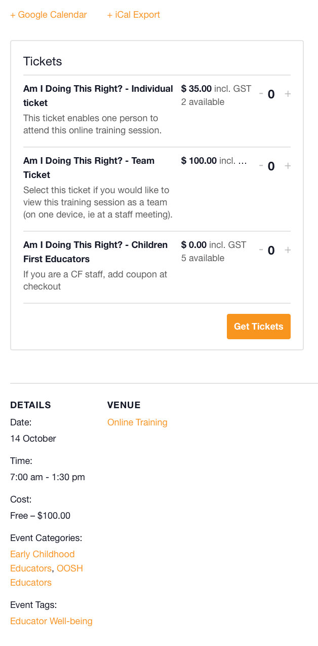 Tickets for online training with event details, using Event Tickets Plus.